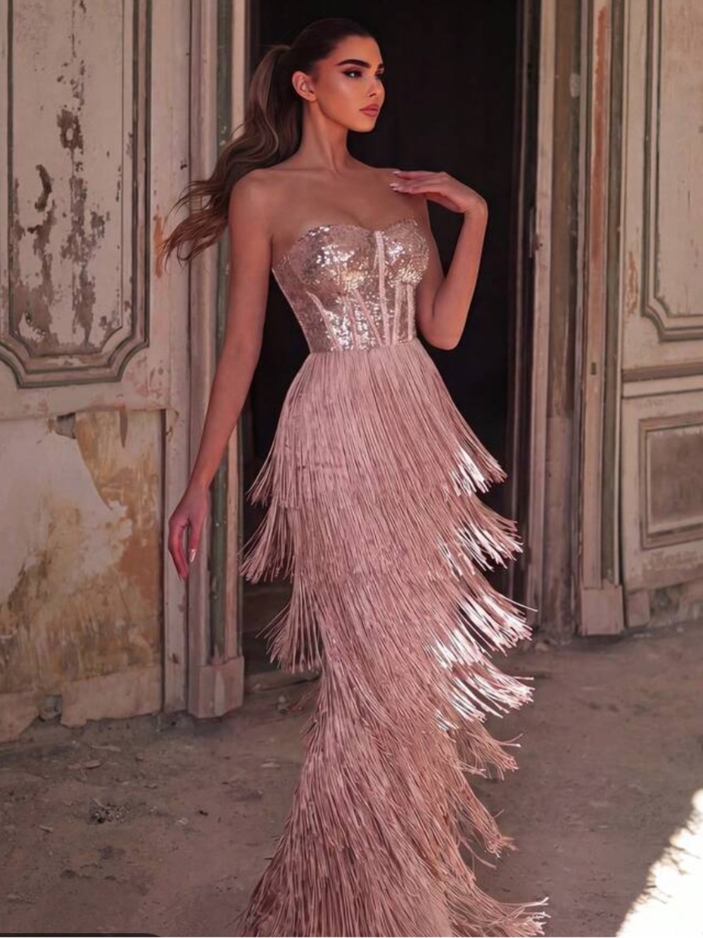 Faeriesty Pink Sequin Fringe Strapless Formal Maxi Gown Size S